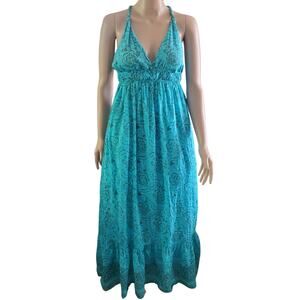 AQUA Size S Teal Black Racerback Cotton Silk Maxi Dress Lined NO SLIT Resort